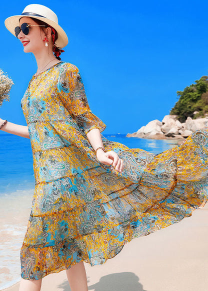Yellow O-neck Patchwork Print Silk Holiday Dress Short Sleeve