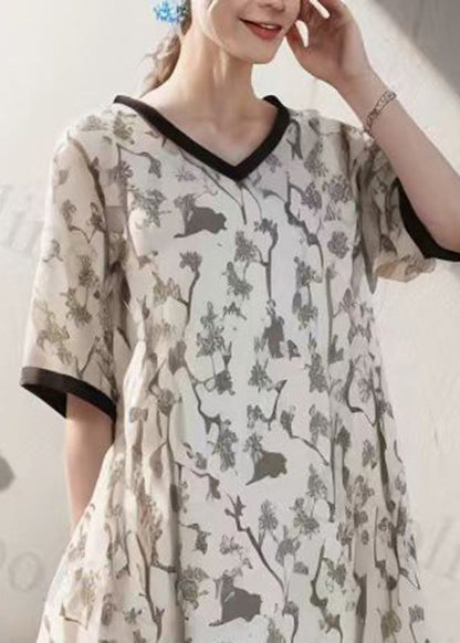 Beige V Neck Print Silk Maxi Dress Summer
