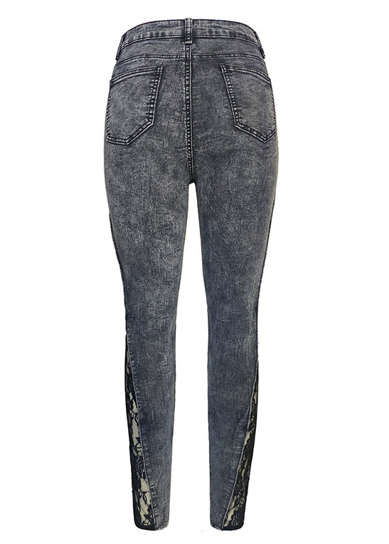 Grey Lace Patchwork Denim Crop Pants Summer