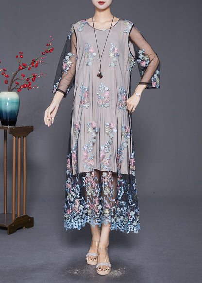 Grey Embroideried Hollow Out Tulle Maxi Dresses Fall