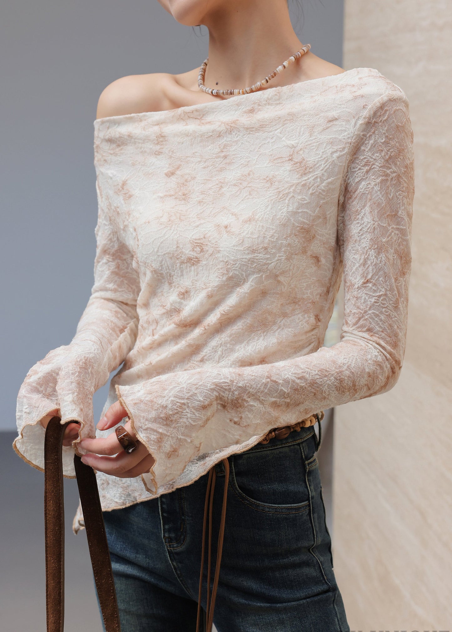 Brown Asymmetrical Jacquard Cotton Top Flare Sleeve