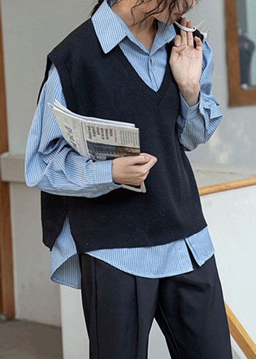 Loose Black Waistcoat and Blue Blouses Patchwork Two Pieces Set Fall