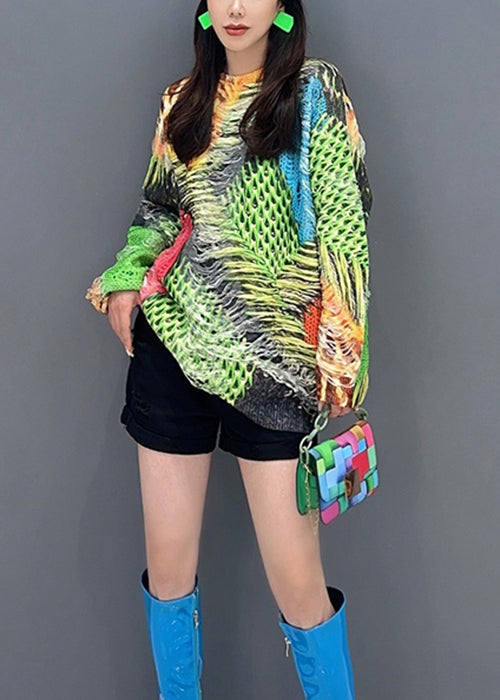 Unique Green O-neck Hollow Out Patchwork Knit Top Fall