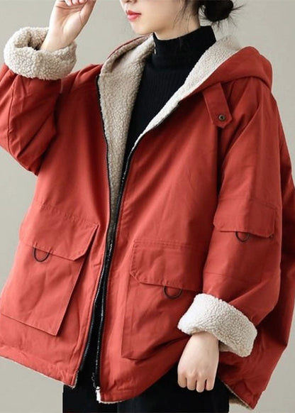 Orange Pockets Wear on Both Sides Thick Hooded Jacket Long Sleeve