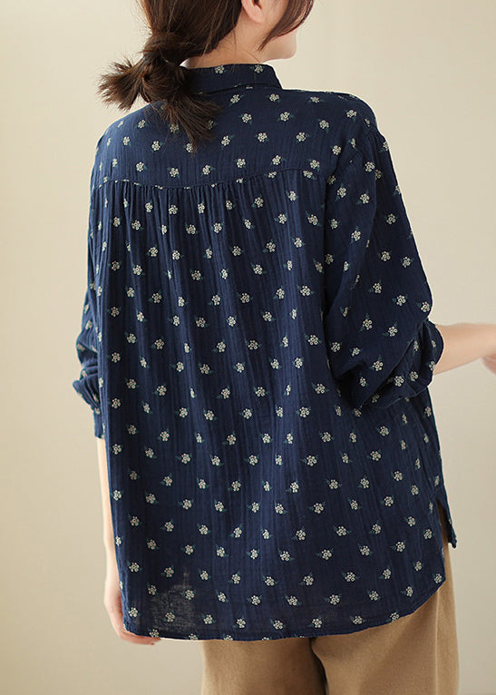 Navy Button Print Cotton Shirts Long Sleeve