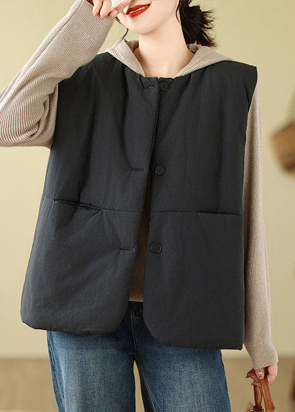 Black Pockets Patchwork Button Hooded Jacket Waistcoat Winter