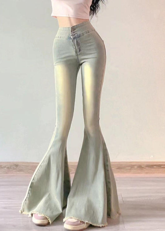 Light Blue Pockets High Waist Denim Flared Trousers Pants Summer