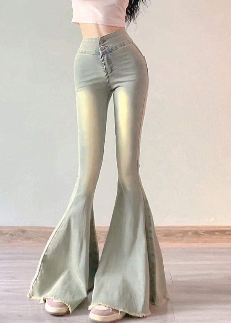 Light Blue Pockets High Waist Denim Flared Trousers Pants Summer