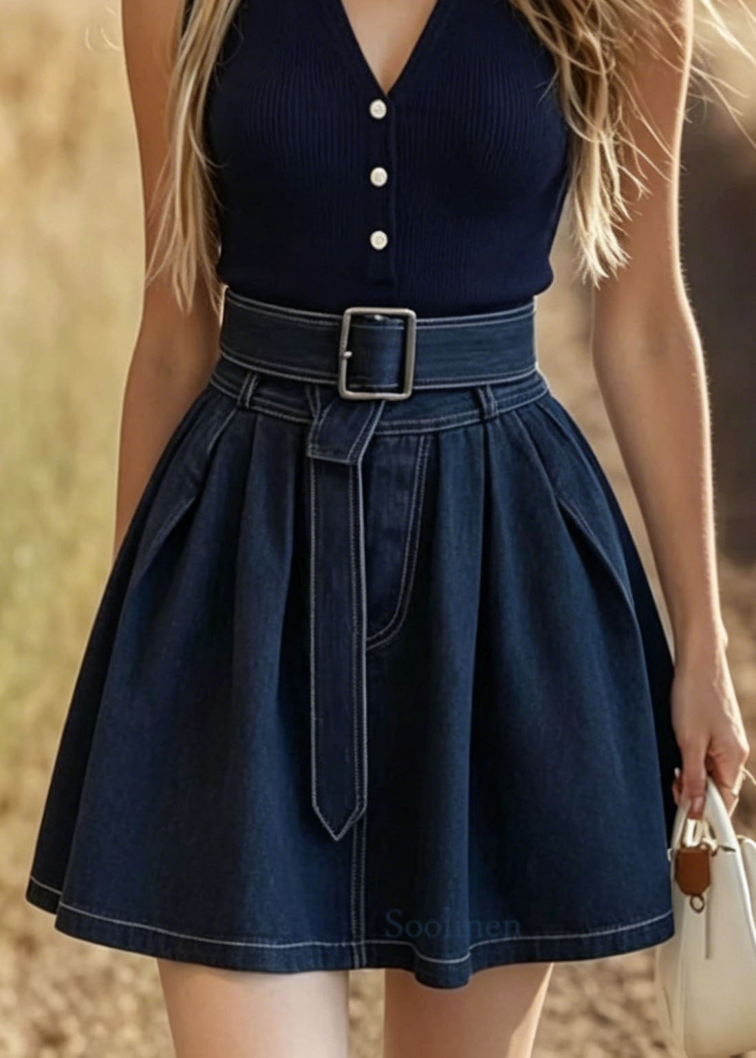 New Navy V Neck Patchwork False Two Pieces Denim Dress Summer