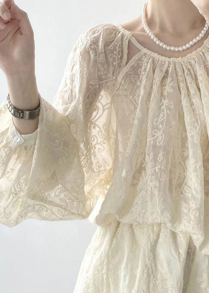 Loose Beige Embroidered Pockets Silk Cotton Two Pieces Set Bracelet Sleeve