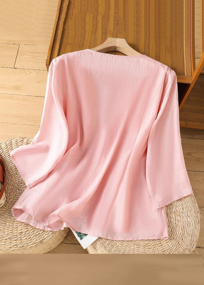 Loose Pink Embroidered Linen T Shirt Bracelet Sleeve