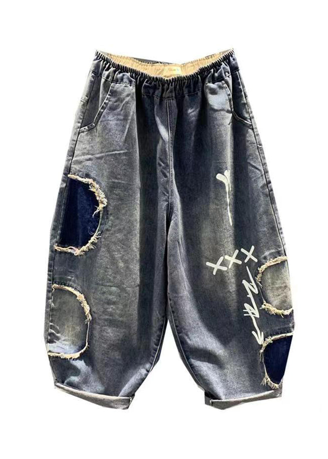 Diy Blue Pockets Patch Elastic Waist Denim Pants Summer
