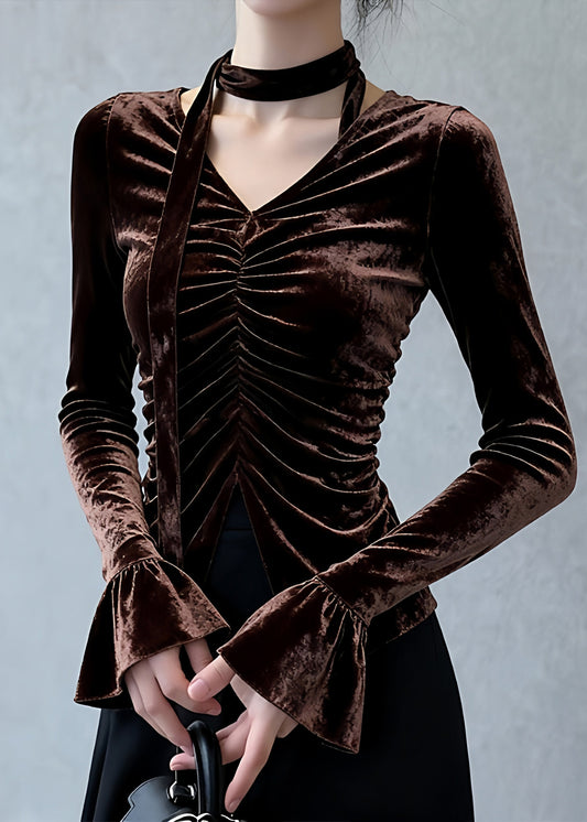 Coffee V Neck Wrinkled Silk Velour Top Flare Sleeve