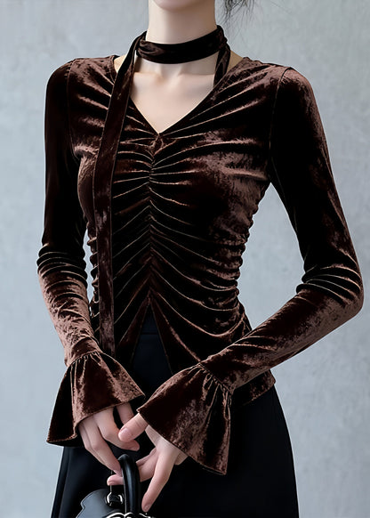 Coffee V Neck Wrinkled Silk Velour Top Flare Sleeve