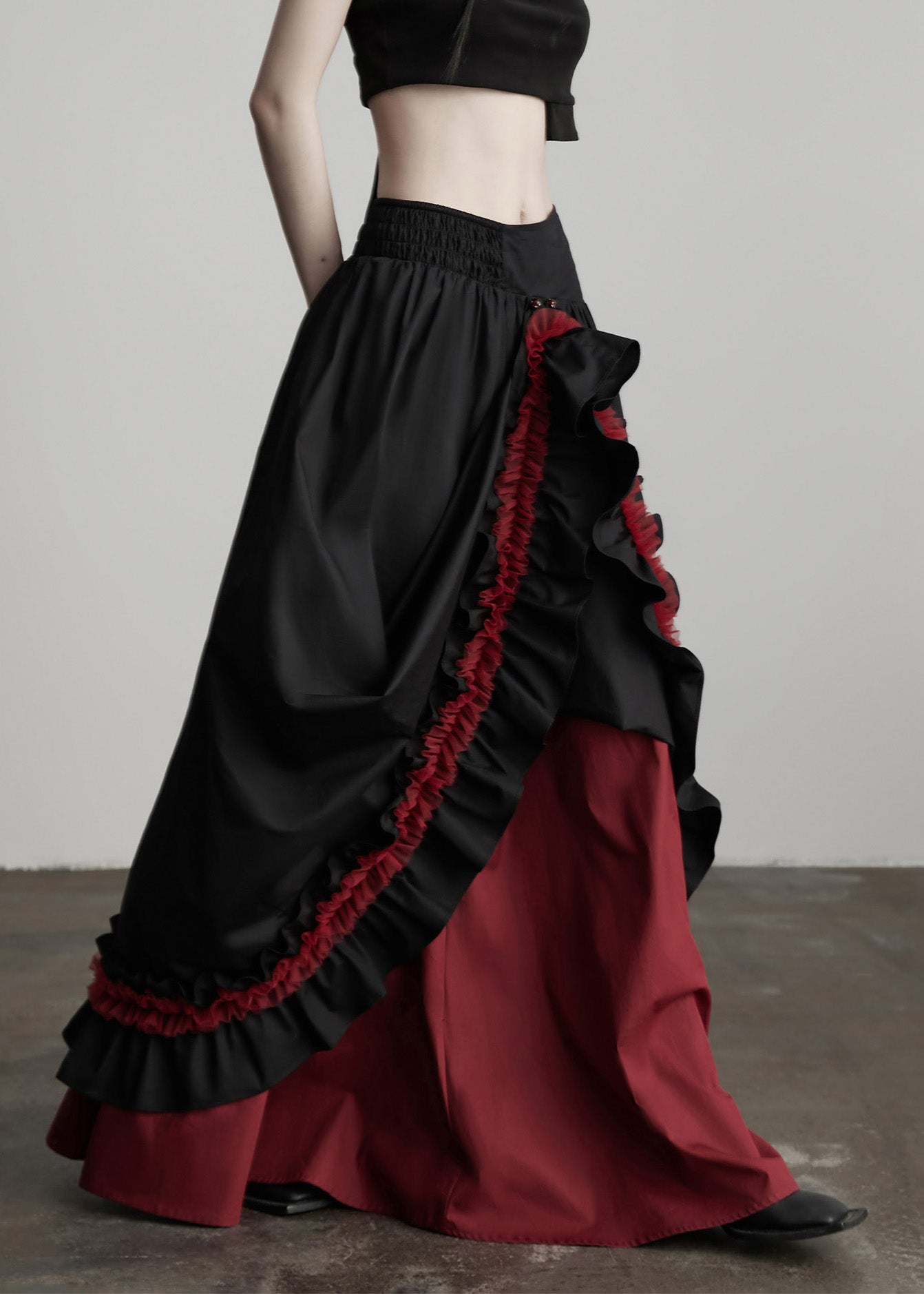 Black Ruffled Patchwork Exra Large Hem Cotton Skirts Fall