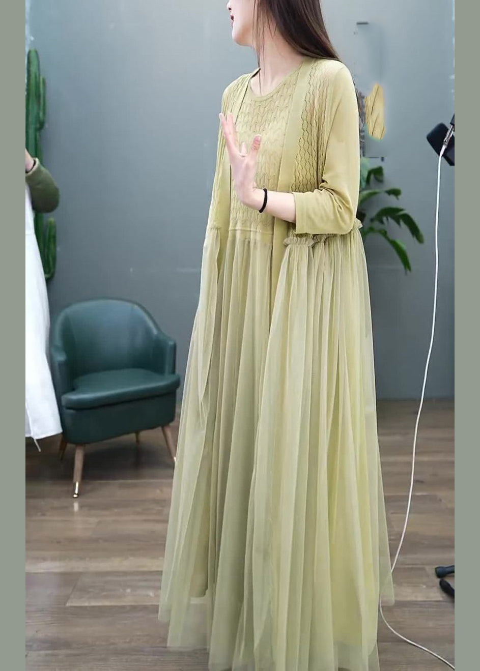Organic Green Hollow Out O-neck Tulle Patchwork Long Dress Two Pieces Set Long Sleeve