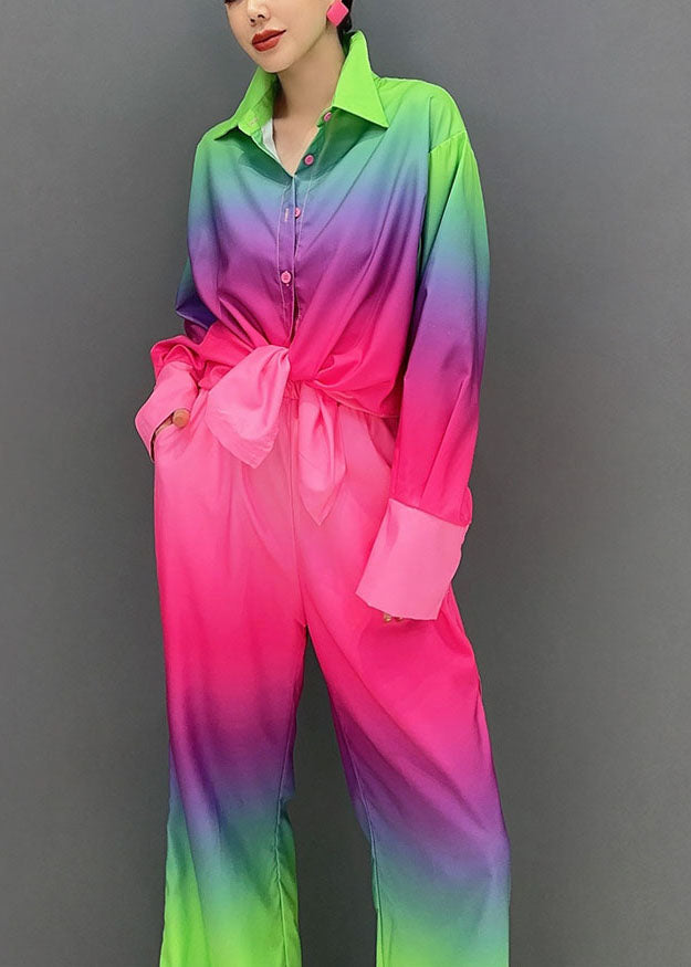 Gradient Color Button Shirts and Wide Leg Pants Two Piece Set Long Sleeve