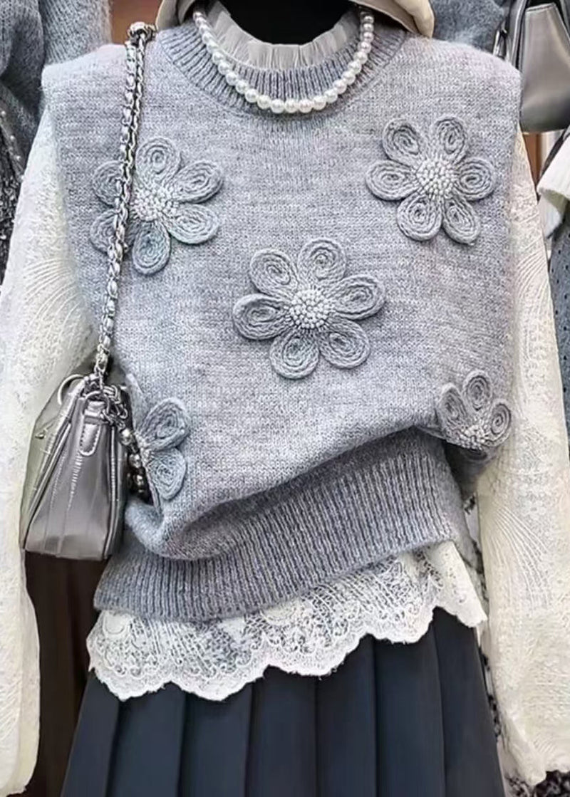 Unique Grey Knit Vest and Shirts 2 Piece Outfit Spring
