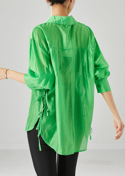 Fluorescent Green Lace Up Silk Blouses Fall