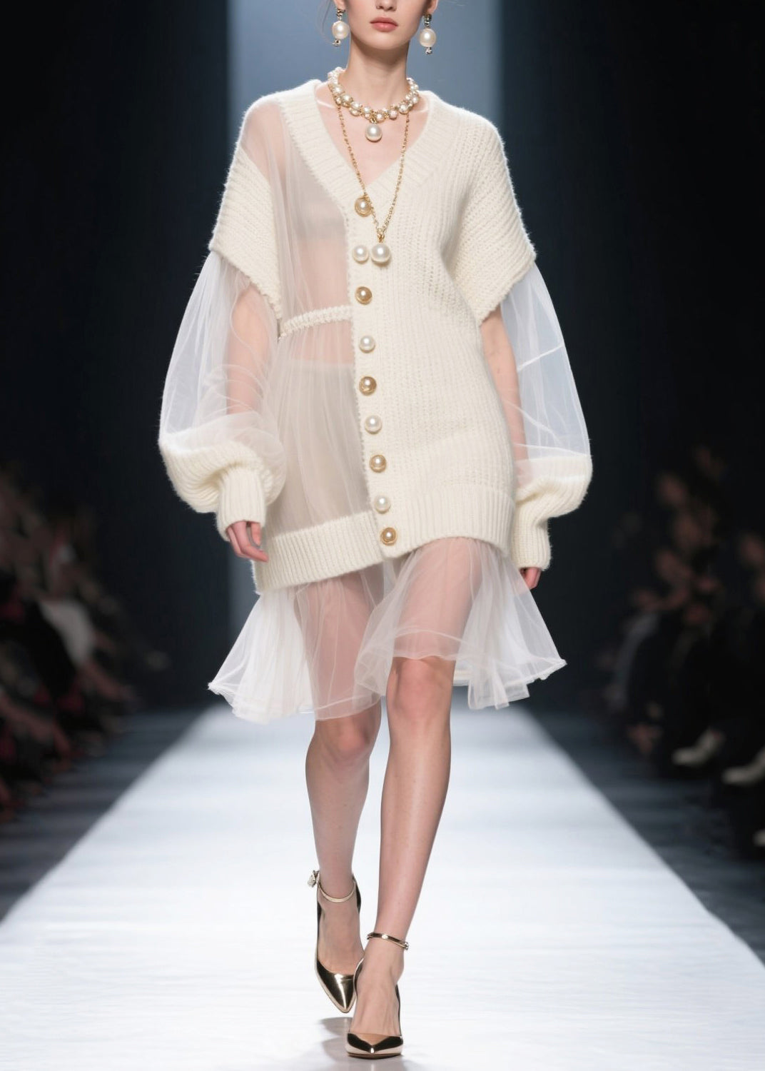 White Asymmetrical Patchwork Tulle Knitwear Dress Fall