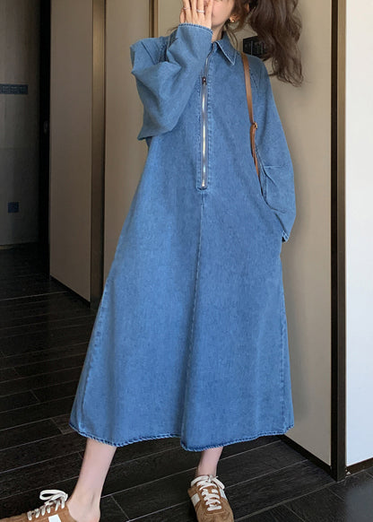 Natural Denim Blue Peter Pan Collar Zippered Patchwork Long Dress Fall