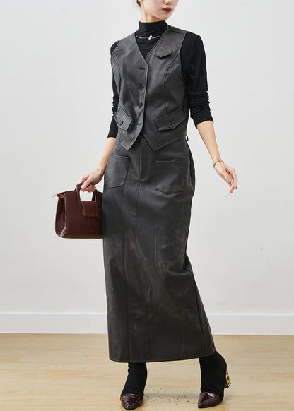 Black Silm Fit Faux Leather Two Piece Set Clothing Pockets Winter