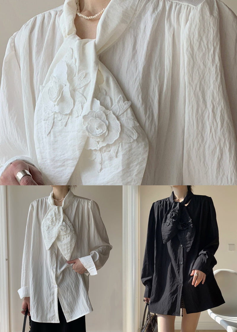 White Bow Button Cotton Blouse Fall