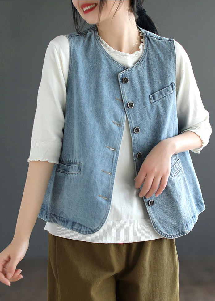 Light Blue O-neck Button Denim Waistcoat Fall