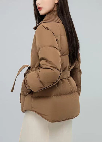 New Khaki Stand Collar Tie Waist Patchwork Duck Down Down Coat Winter