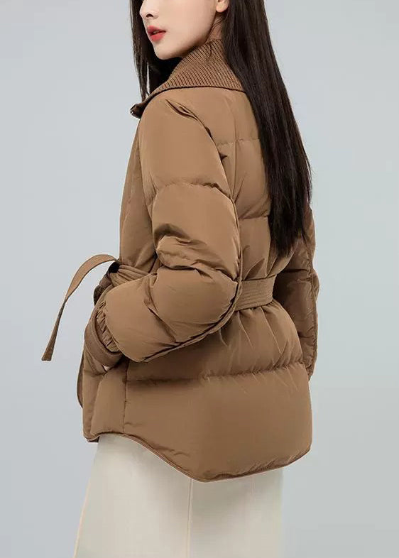 New Khaki Stand Collar Tie Waist Patchwork Duck Down Down Coat Winter