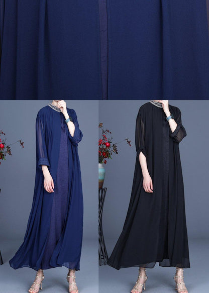 Fine Blue Embroidery Long Maxi Summer Spring Chiffon Dress