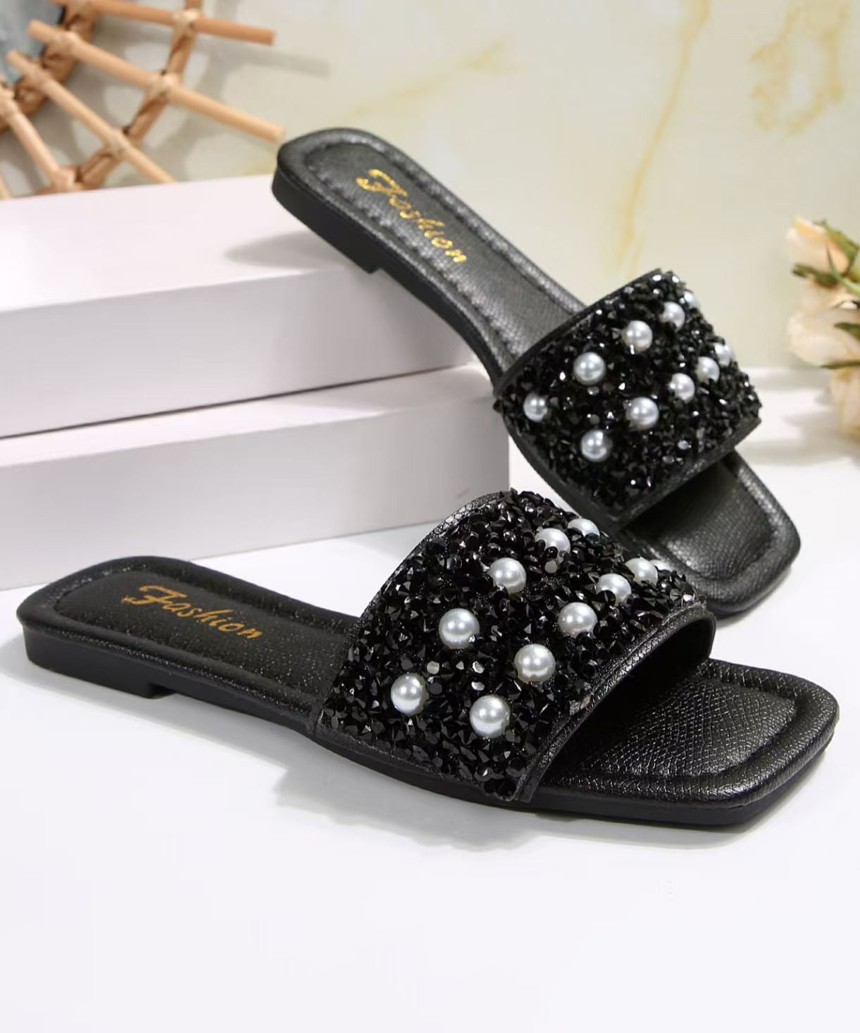 French Nail Bead Splicing Black Faux Leather Slide Sandals