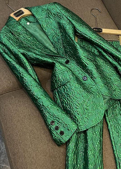 Boutique Green Coat and Pants Cotton Two Piece Set Outfits Fall