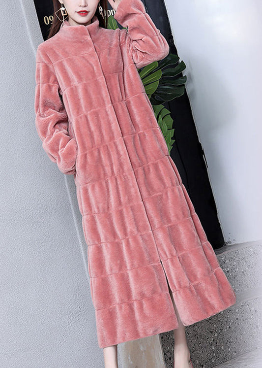 Pink Stand Collar Layered Wool Long Coat Winter
