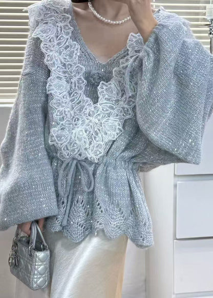 Grey Tie Waist Patchwork Lace Knit 2 Piece Outfit Winter