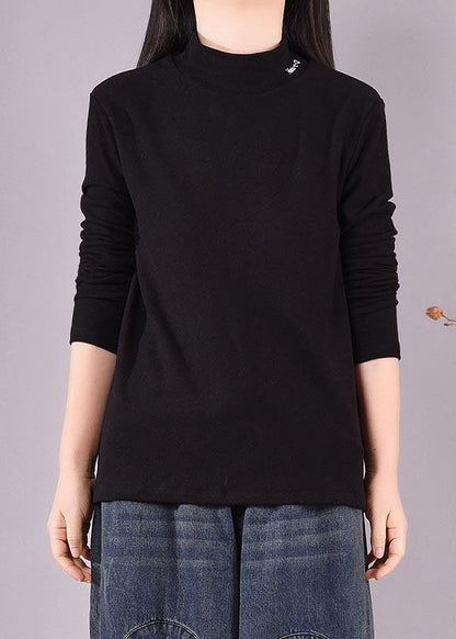 French High Neck Spring Top Silhouette Pattern Black Shirts