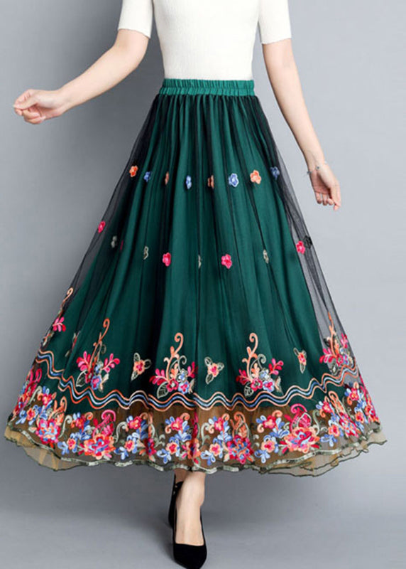 Green Embroideried Elastic Waist Tulle Skirts Summer