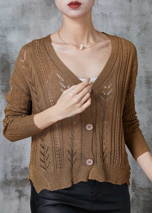 Coffee V Neck Hollow Out Knit Cardigans Spring