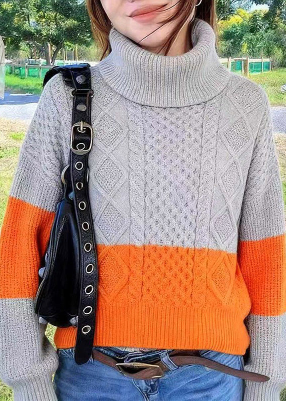 Loose Colorblock Hign Neck Thick Knit Sweater Spring