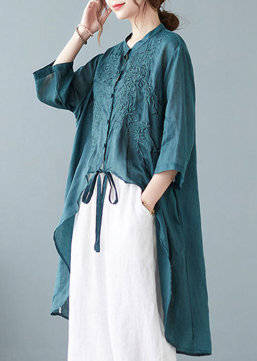 Italian Green Asymmetrical Tie Waist Linen Shirts Half Sleeve