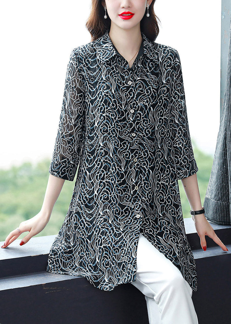 Black Peter Pan Collar Button Print Chiffon Shirt Tops Spring
