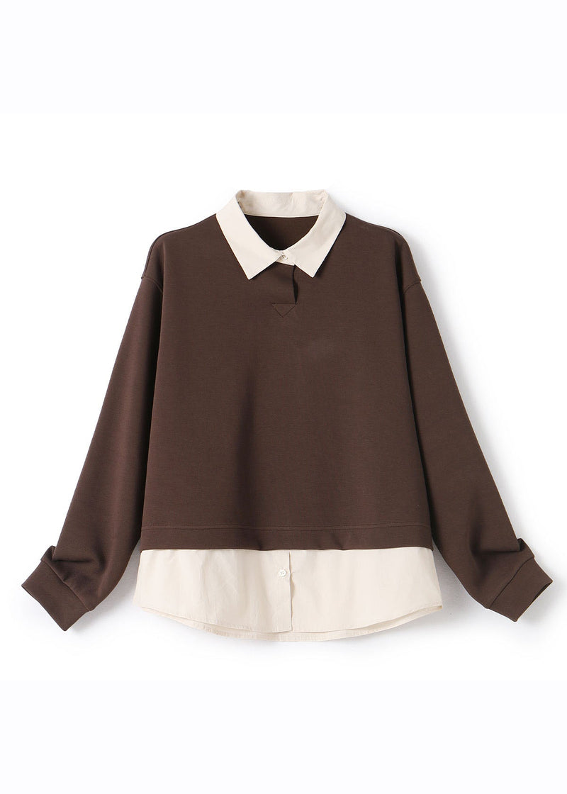 Coffee Peter Pan Collar Patchwork Fake Two Pieces Pullover Long Sleeve