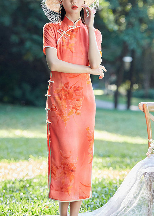 Watermelon Red Mandarin Collar Print Silk Cheongsam Dresses Short Sleeve