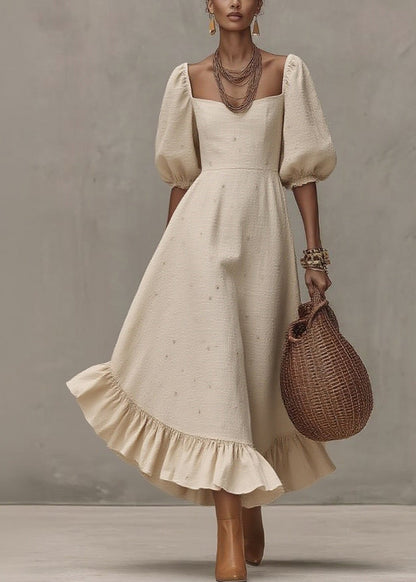 Loose Beige Square Collar Print Long Dress Short Sleeve