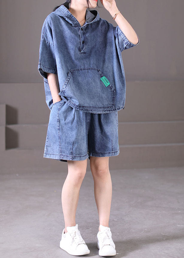Denim Blue Cotton Tops and Shorts Two Piece Set Outfits Hooded Drawstring Summer