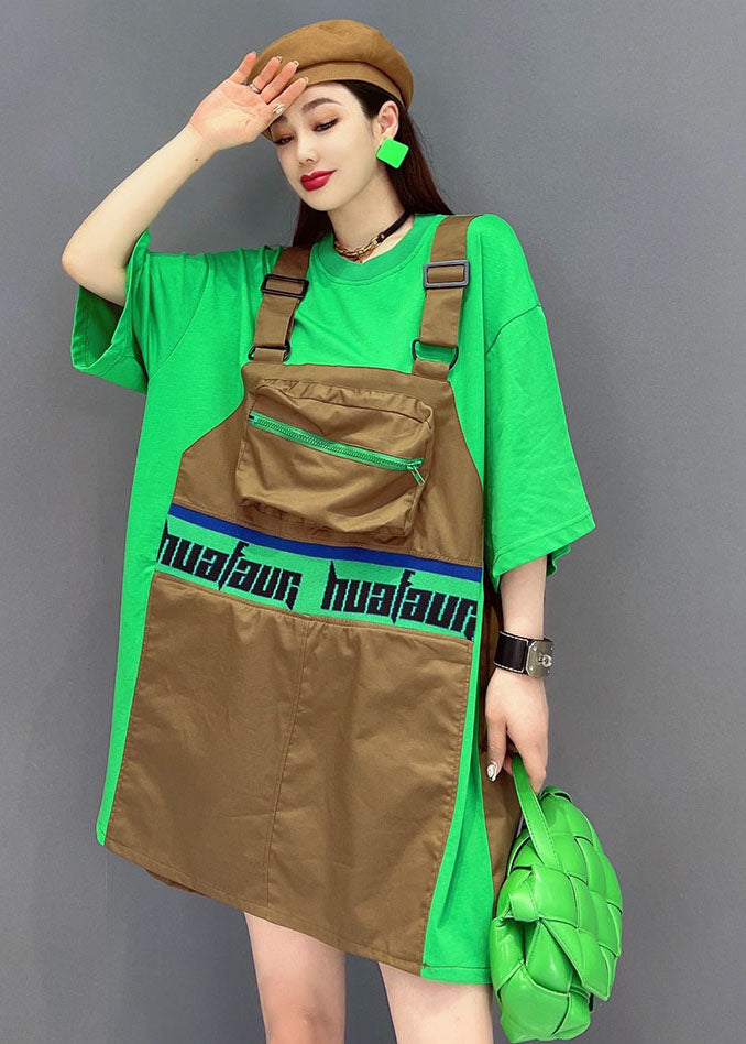 Green O-neck Patchwork Cotton Fake Two Piece Strap Dress Short Sleeve