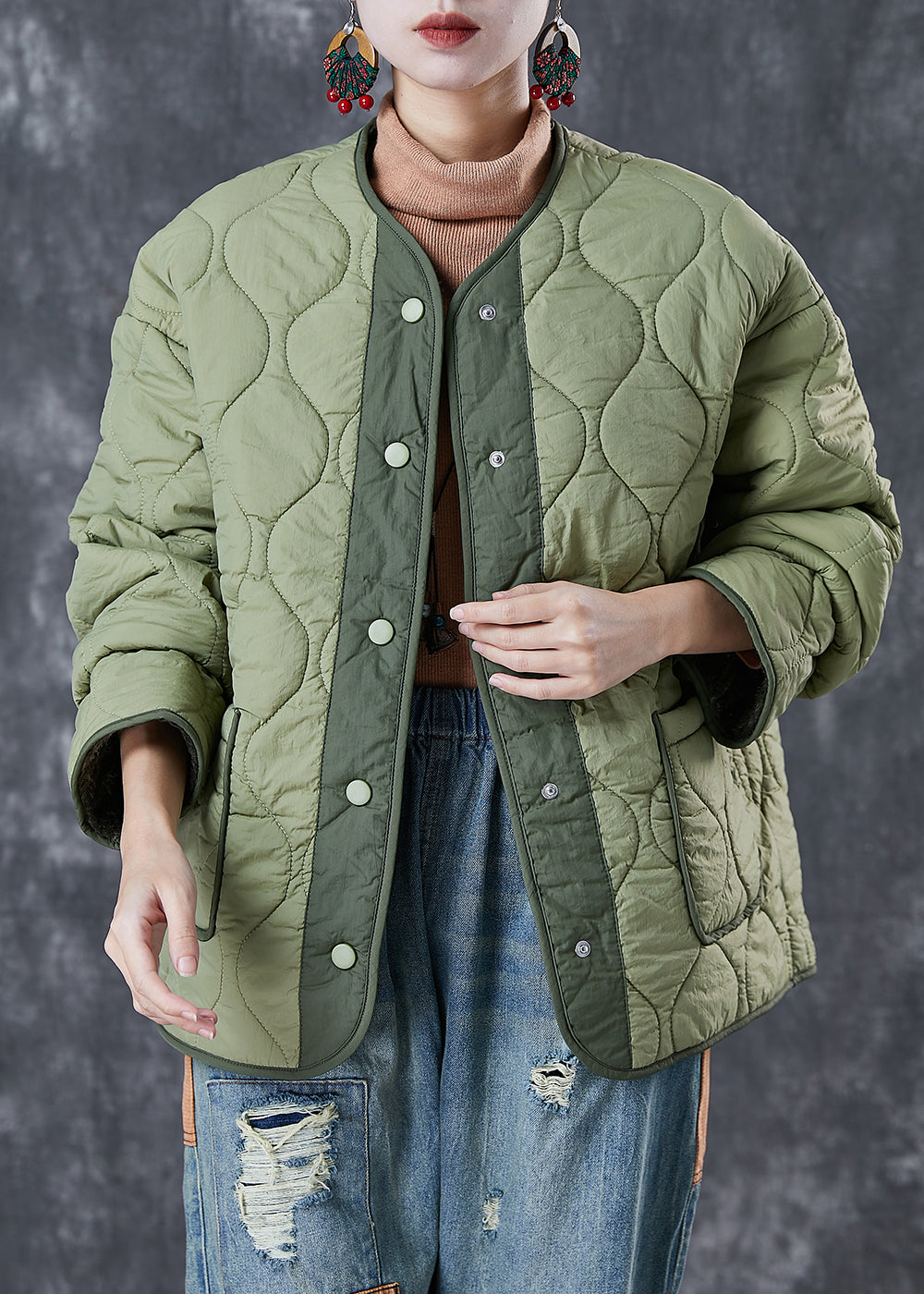 Light Green Thick Patchwork Warm Fleece Jacket Winter