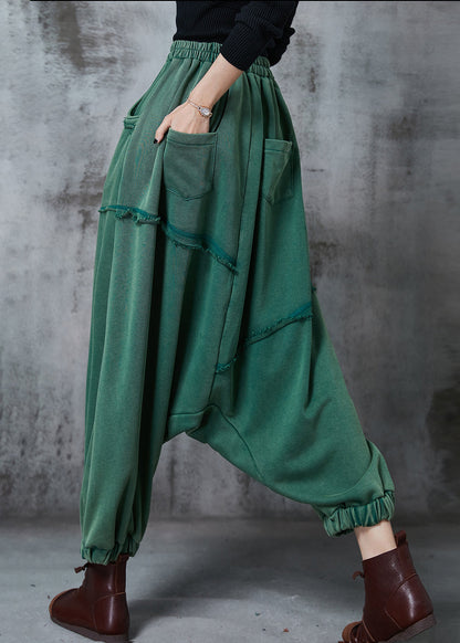 Green Oversized Asymmetrical Cotton Harem Pants Fall