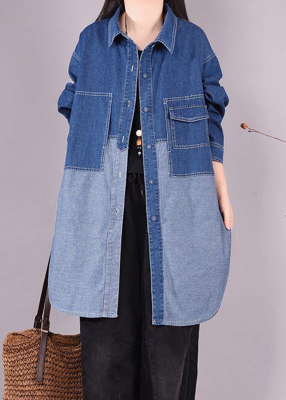 Denim Light Blue Long Shirts Lapel Patchwork Oversized Blouse
