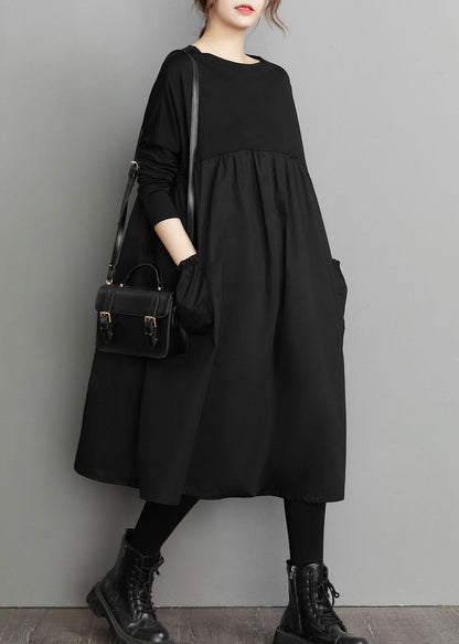 Organic Black Patchwork Wrinkled Pockets Cotton Dresses Spring